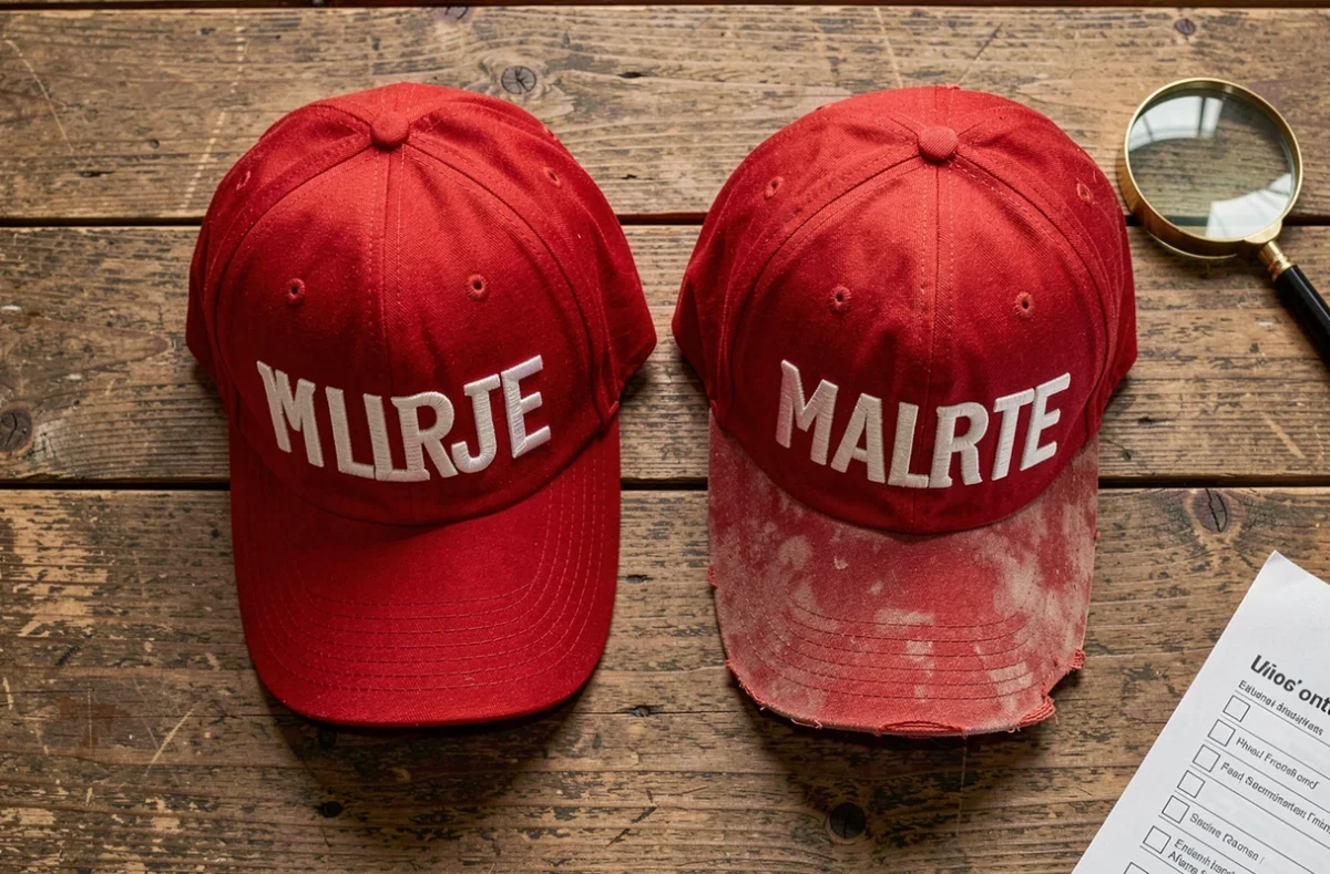 Comparaison côte à côte de deux casquettes America Great Again, une authentique et une contrefaçon, avec loupe et checklist d'achat sur table en bois