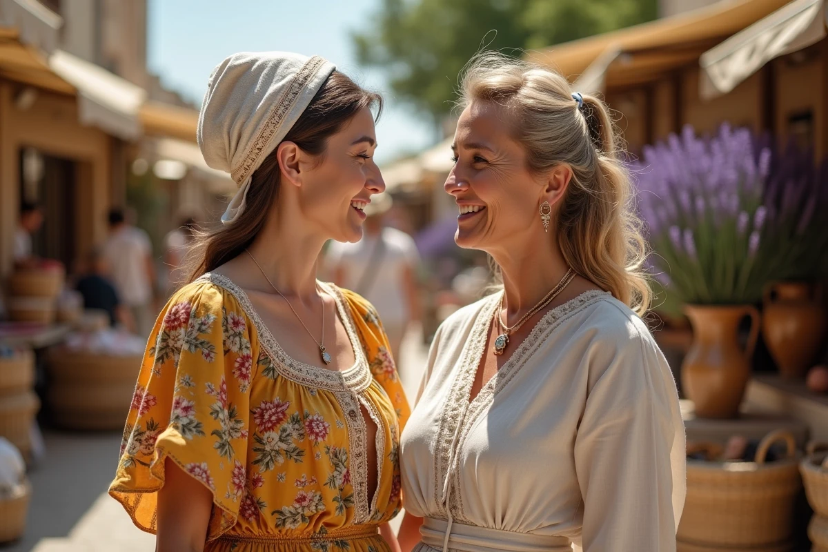 Deux femmes au marché provençal comparant un costume régional traditionnel provençal et une tenue contemporaine inspirée du patrimoine français