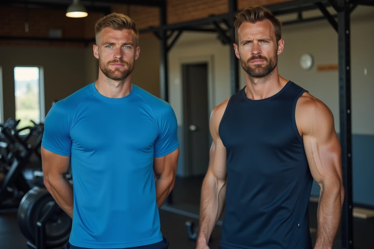 Comparaison entre un t-shirt crossfit manches courtes bleu et un débardeur marine portés par deux hommes dans une salle de sport