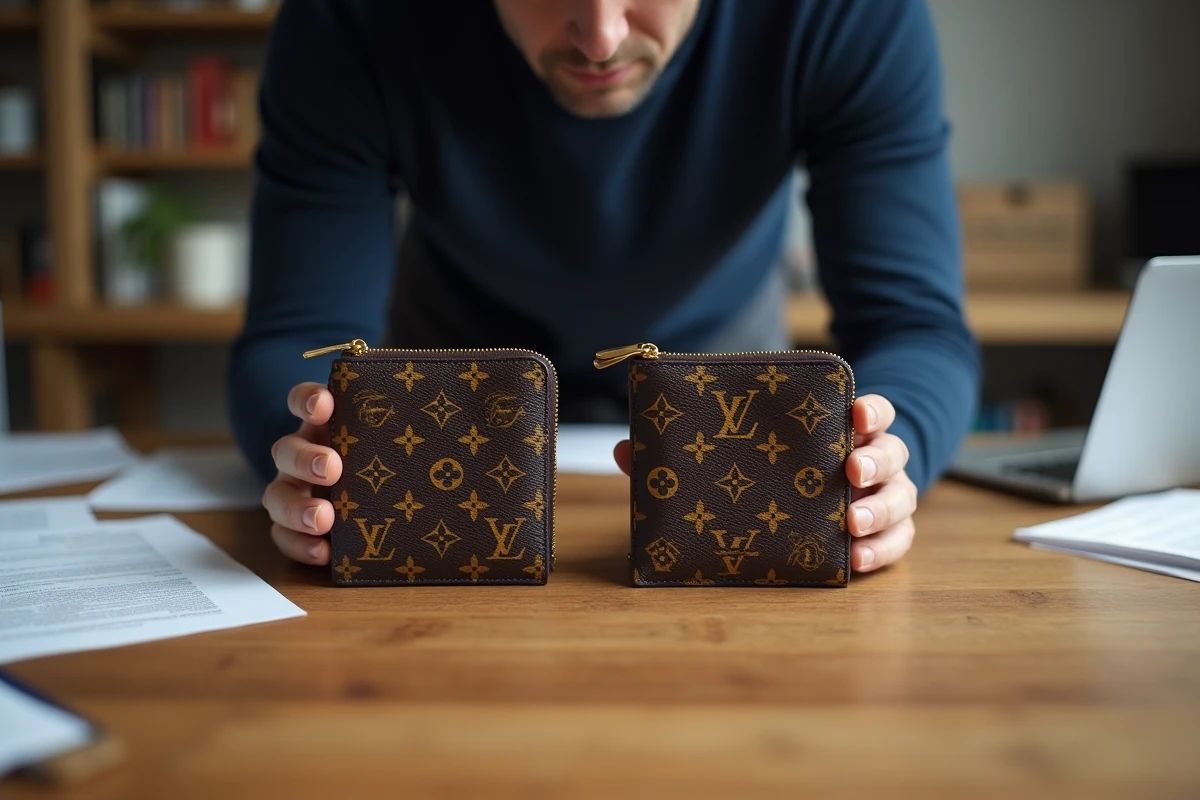 Comparaison côte à côte de deux portefeuilles Louis Vuitton pour identifier les indices de contrefaçon comme le désalignement du monogramme et la qualité des finitions