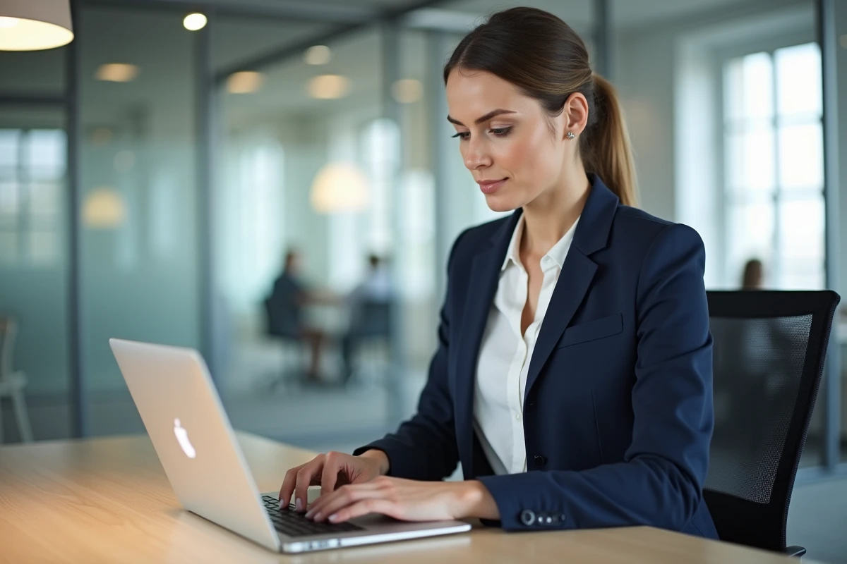 Femme professionnelle connectée sur un portail RH employé depuis un ordinateur portable en open-space