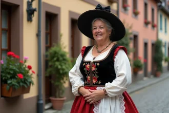 Femme portant un costume traditionnel alsacien complet avec coiffe noire et tablier brodé devant une maison à colombages à Strasbourg