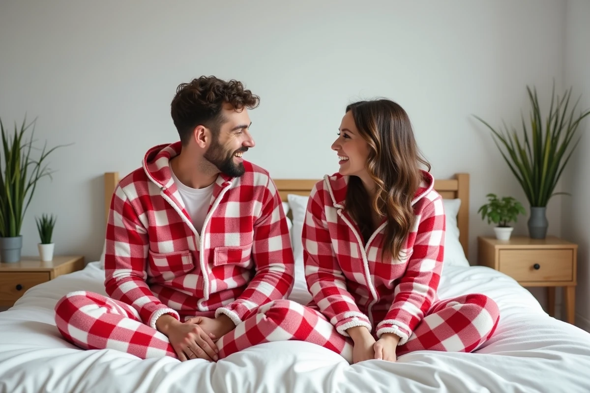 Couple adulte en pilou pilou assortis rouge et blanc riant ensemble sur un lit douillet dans une chambre scandinave