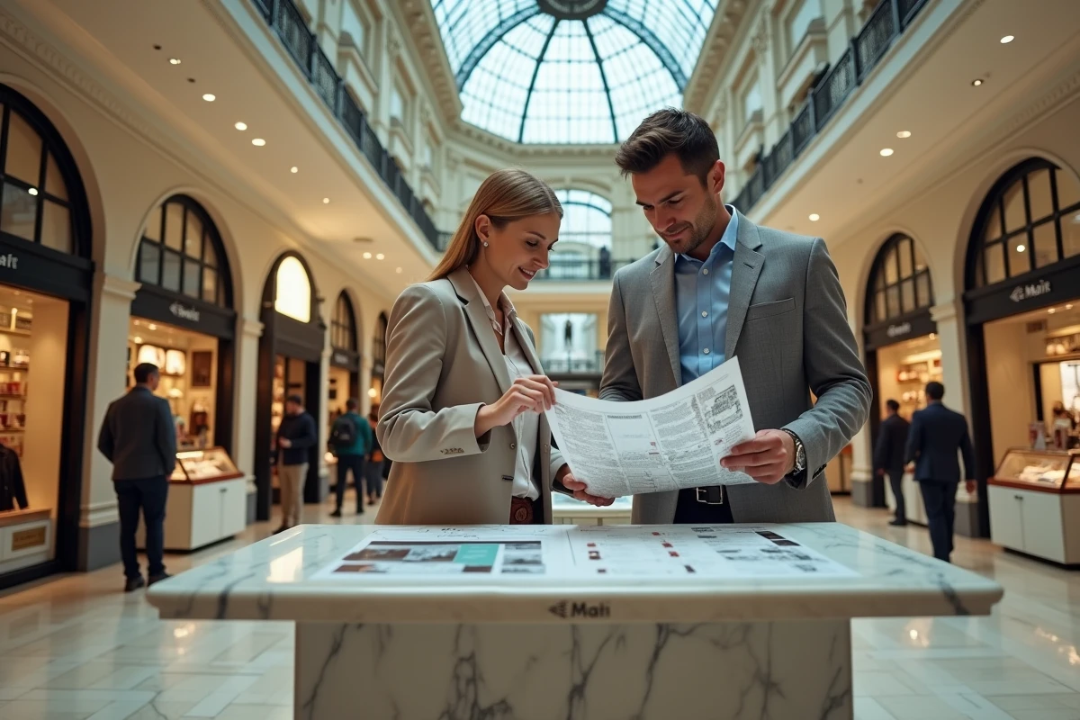 Couple consultant un plan de grand magasin parisien le dimanche dans un atrium majestueux avec verrière et escalators