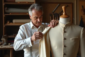 Couturier de Reims épinglant les revers d'un costume de cérémonie ivoire sur un mannequin de couture dans un atelier traditionnel