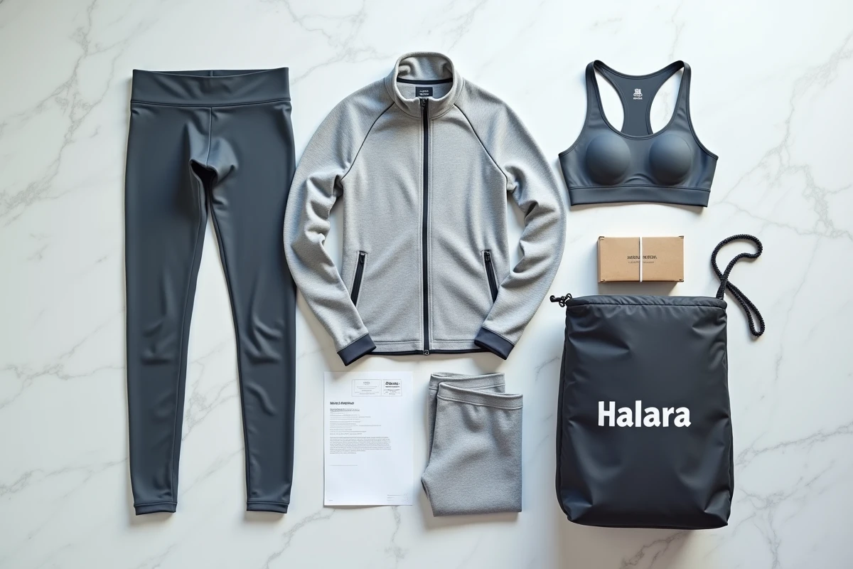 Vue en plongée des vêtements Halara déballés sur une surface en marbre blanc avec emballage et bon de livraison