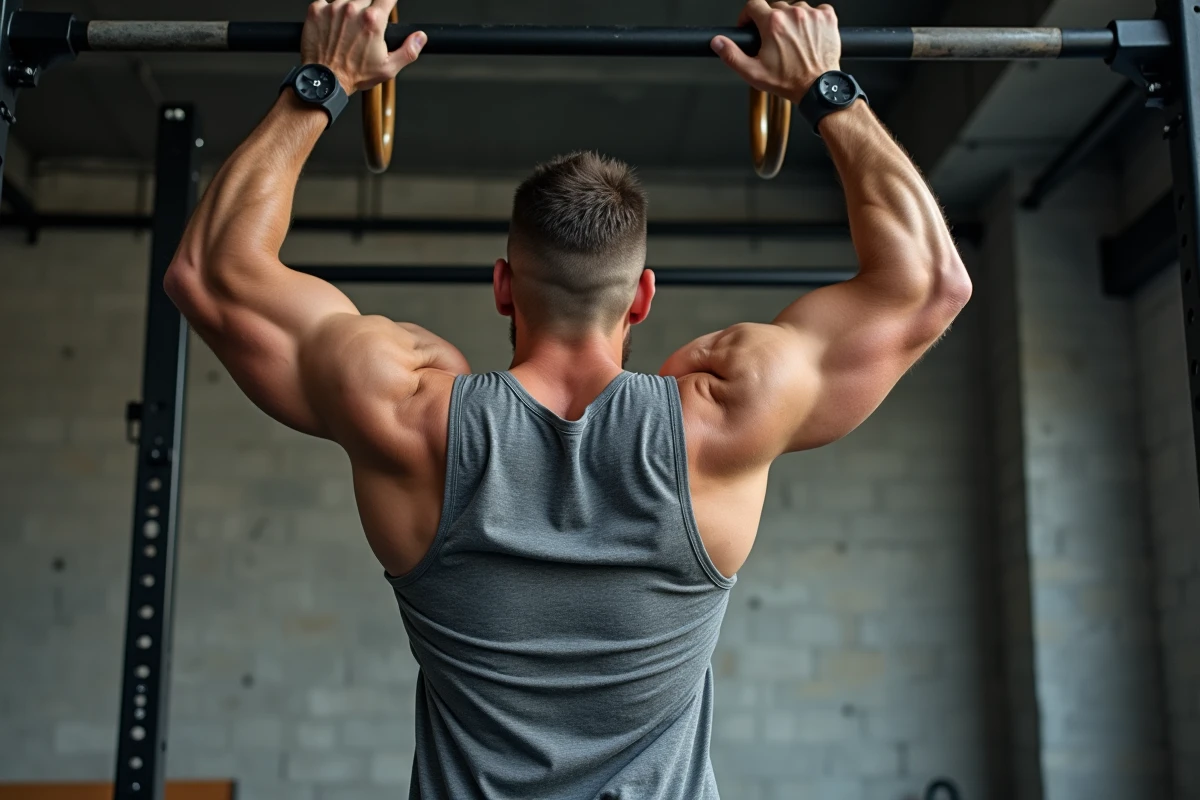 Sportif en débardeur gris réalisant des muscle-ups aux anneaux dans une salle de crossfit industrielle