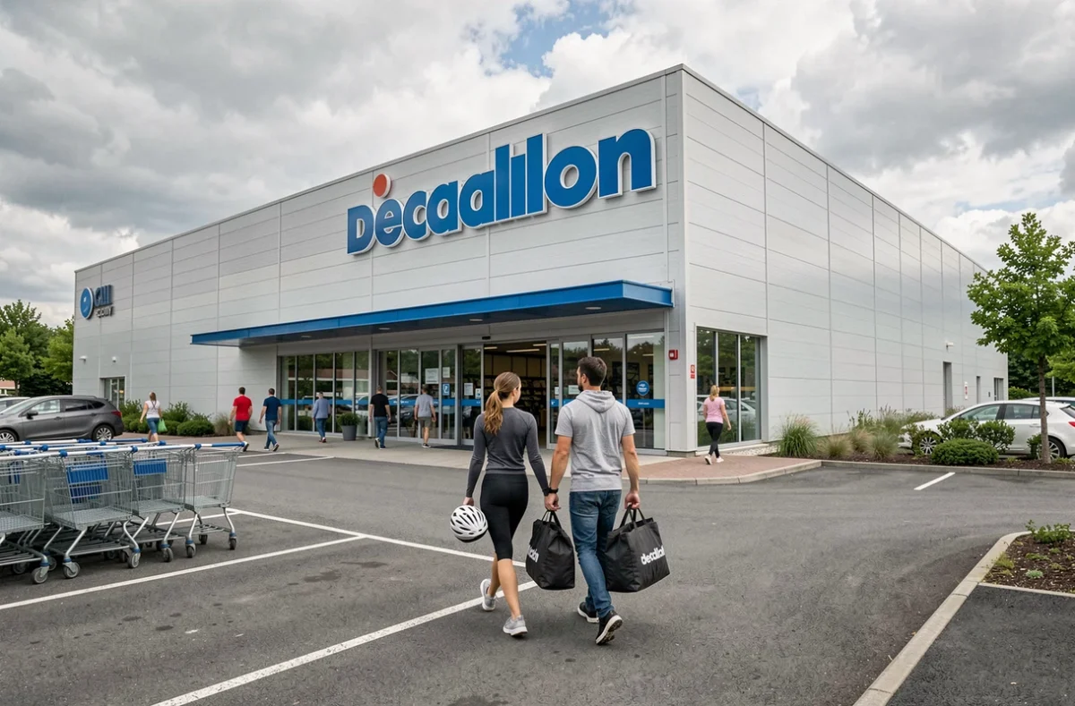Façade et entrée du Decathlon d'Écully près de Lyon avec des clients portant des sacs de sport et le grand parking en avant-plan