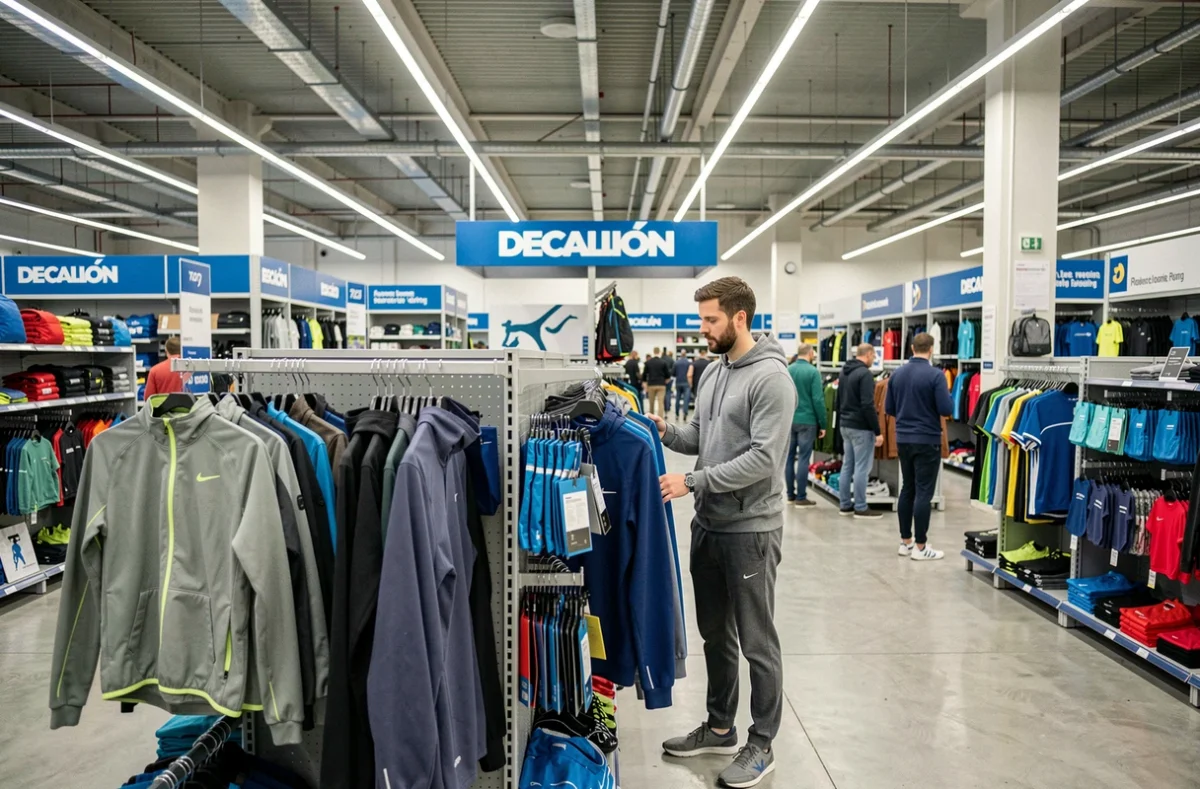 Intérieur du Decathlon Lyon Part-Dieu avec un vaste rayon de vêtements de sport et un client parcourant des vestes de running