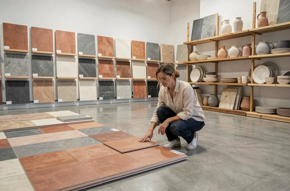 Showroom de Decoceram Destock Portet avec des carrelages et céramiques exposés et une cliente en train de choisir