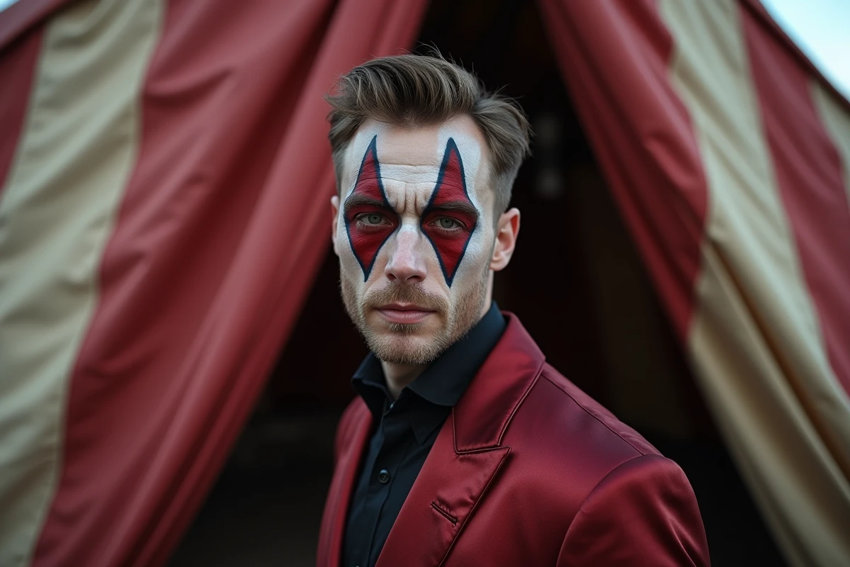 Homme déguisé en arlequin avec maquillage géométrique rouge et noir devant un chapiteau de cirque