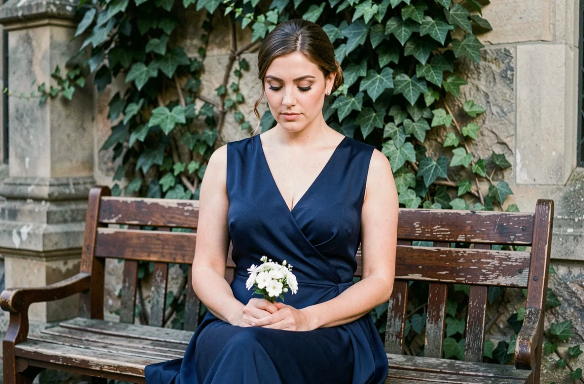 Demoiselle d'honneur en robe bleu marine assise devant une chapelle en pierre avec du lierre