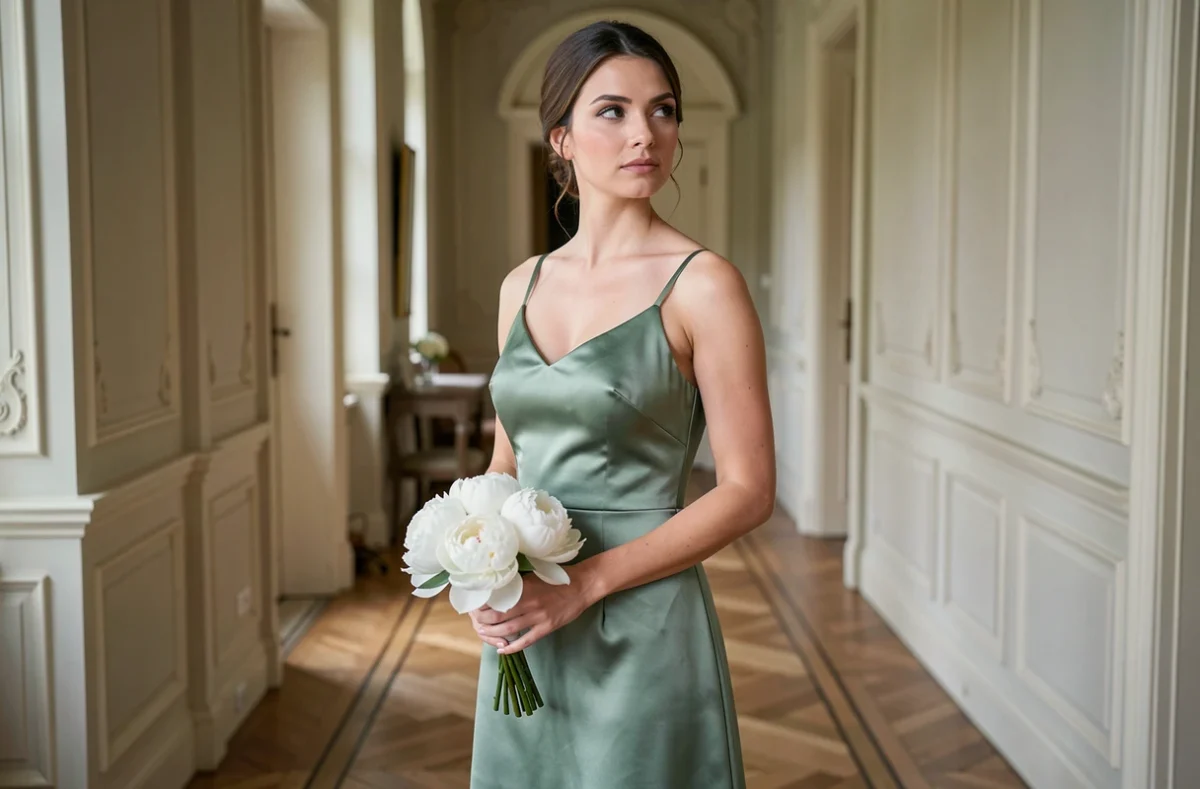 Demoiselle d'honneur en robe verte sauge longue dans le couloir d'un château élégant