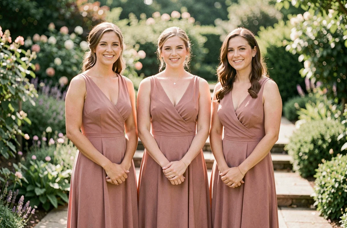 Trois demoiselles d'honneur en robe en mousseline rose poudré dans un jardin lors d'un mariage