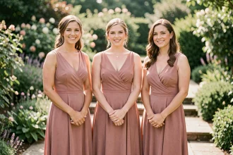 Trois demoiselles d'honneur en robe en mousseline rose poudré dans un jardin lors d'un mariage