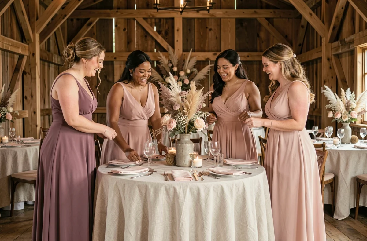 Groupe de demoiselles d'honneur en robes dépareillées tons mauves dans une grange décorée pour un mariage