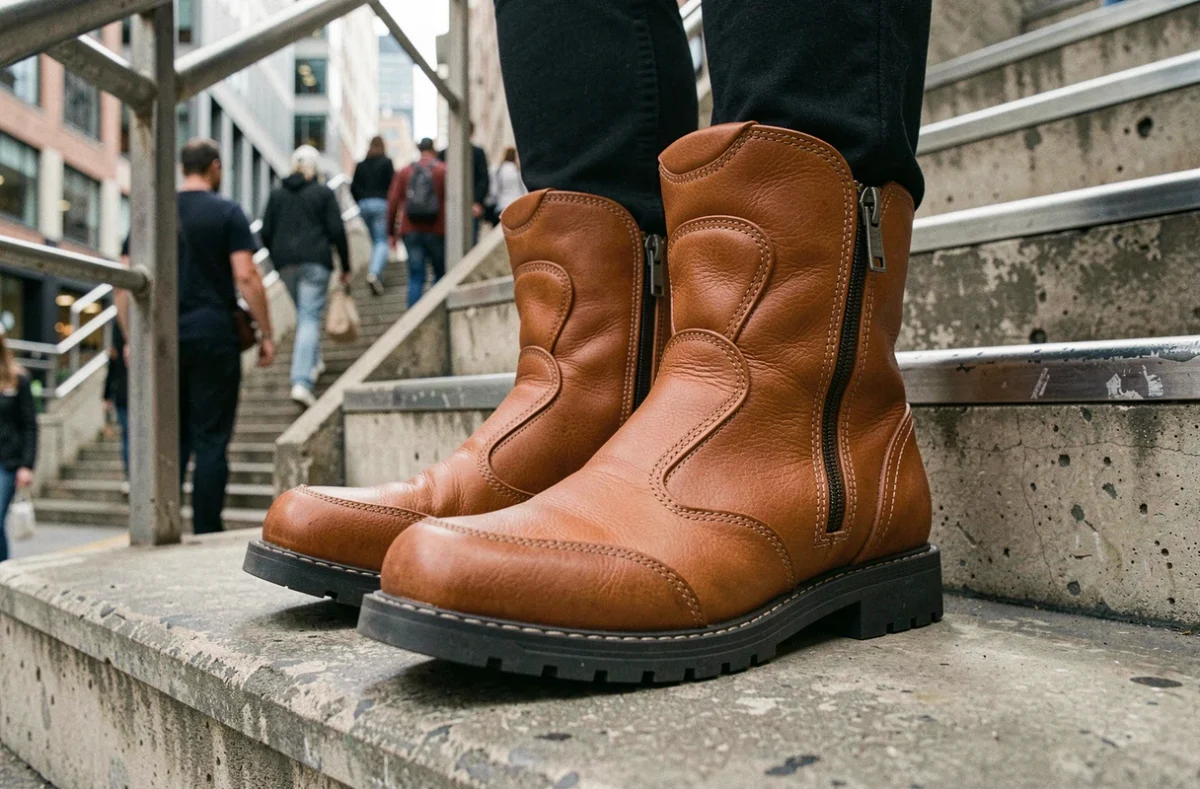 Gros plan sur des bottes moto femme en cuir cognac dans un escalier de métro, détail protection cheville et semelle antidérapante