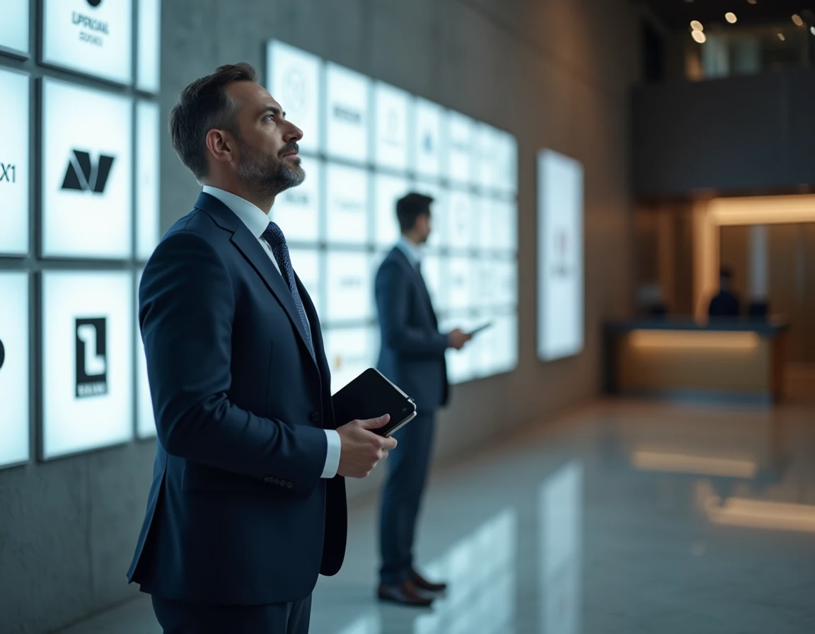 Cadre dirigeant dans le lobby d'un grand groupe de luxe face à un mur de logos de marques prestigieuses