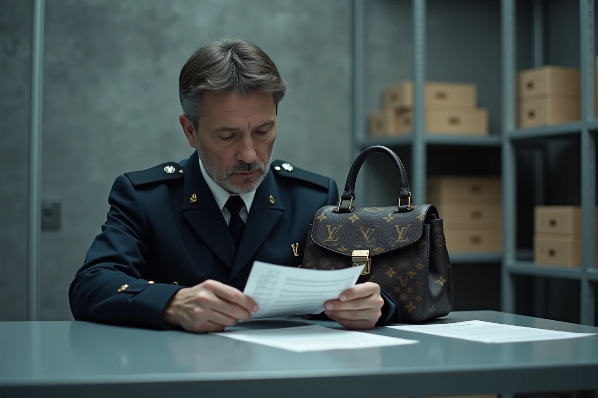Agent des douanes inspectant un sac de luxe contrefait lors d'un contrôle officiel