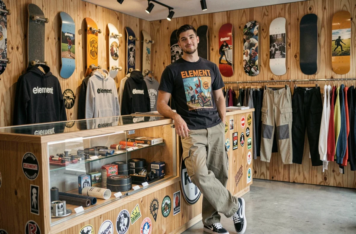 Intérieur de l'Element Store à Lyon avec des planches de skate murales, des vêtements de skateboard et un jeune client accoudé au comptoir