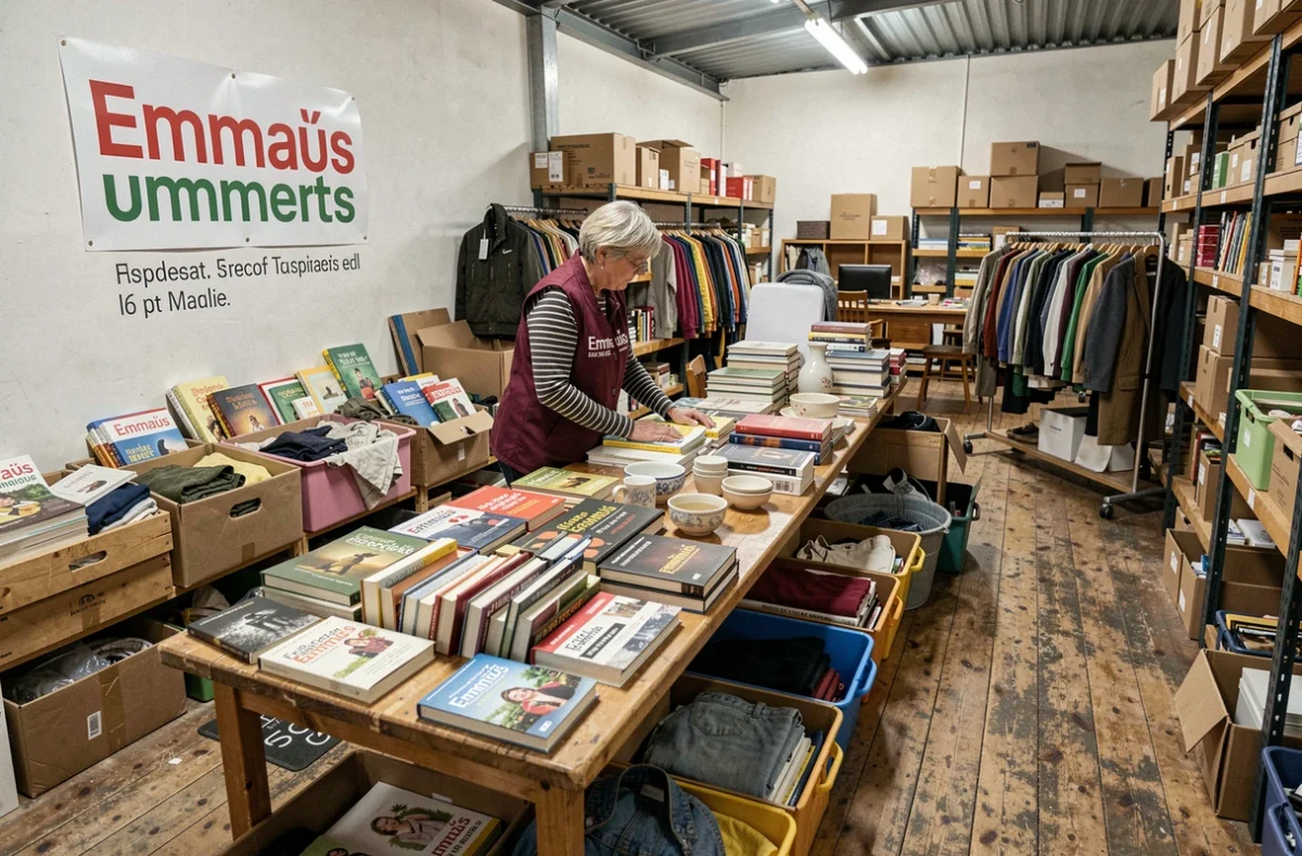 Bénévole d'Emmaüs Périgueux portant un gilet de l'association en train de trier et étiqueter des livres et objets de seconde main dans l'entrepôt