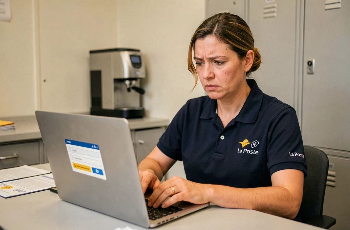 Employée La Poste en uniforme tentant de se connecter à MonEspaceHabillement sur un ordinateur portable
