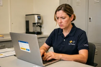 Employée La Poste en uniforme tentant de se connecter à MonEspaceHabillement sur un ordinateur portable
