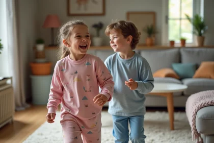 Deux jeunes enfants rient en essayant des vêtements colorés dans un salon chaleureux
