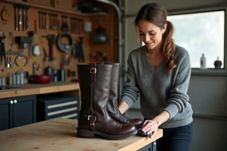 Femme appliquant un produit d'entretien sur ses bottes moto en cuir sur un établi en bois dans un garage
