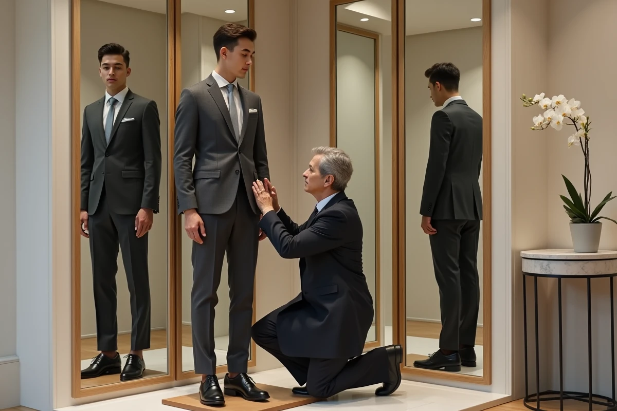 Essayage d'un costume de cérémonie sur mesure dans un salon de couture à Reims avec retouches sur les ourlets du pantalon devant un miroir triptyque