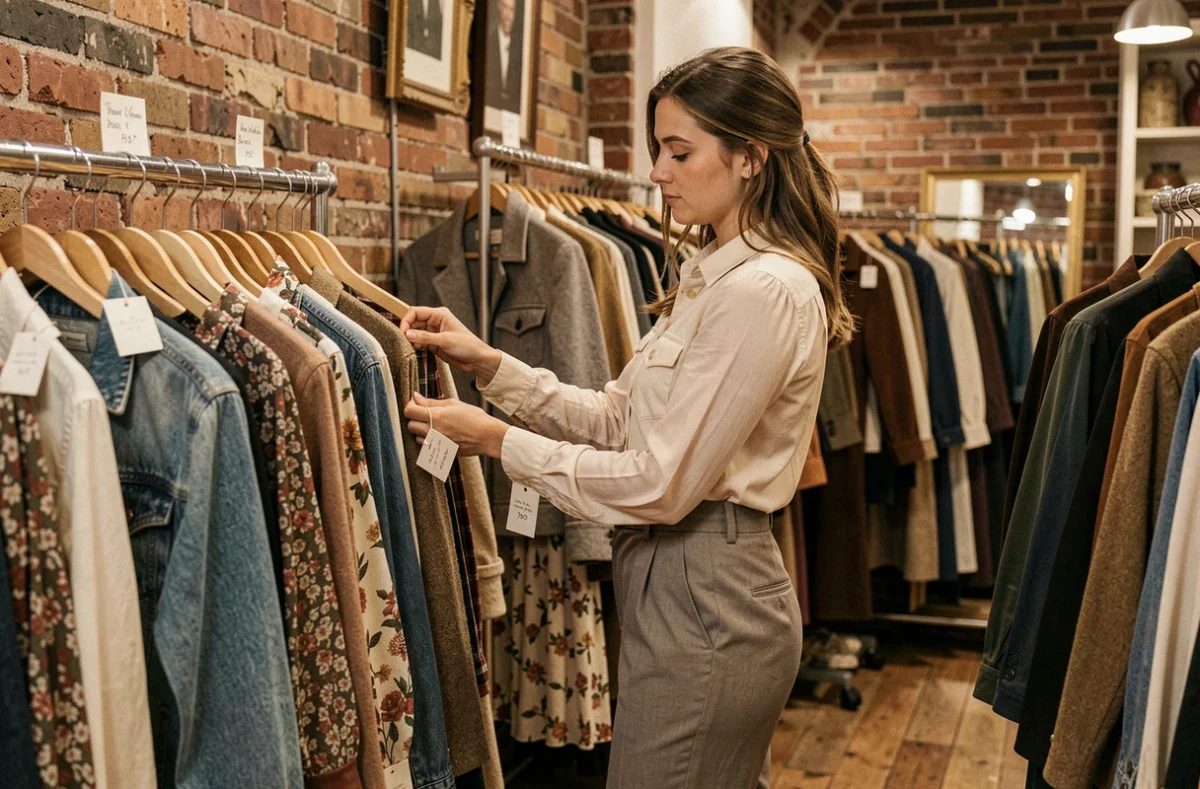 Boutique Estampille à Toulouse avec ses racks de vêtements vintage et une cliente en train de choisir