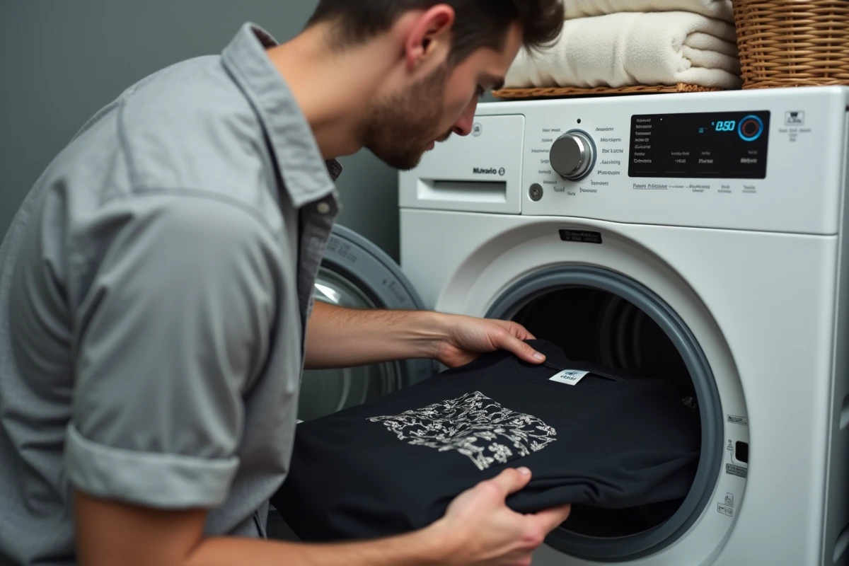 Homme vérifiant l'étiquette d'entretien d'un t-shirt imprimé avant de le mettre en machine à laver