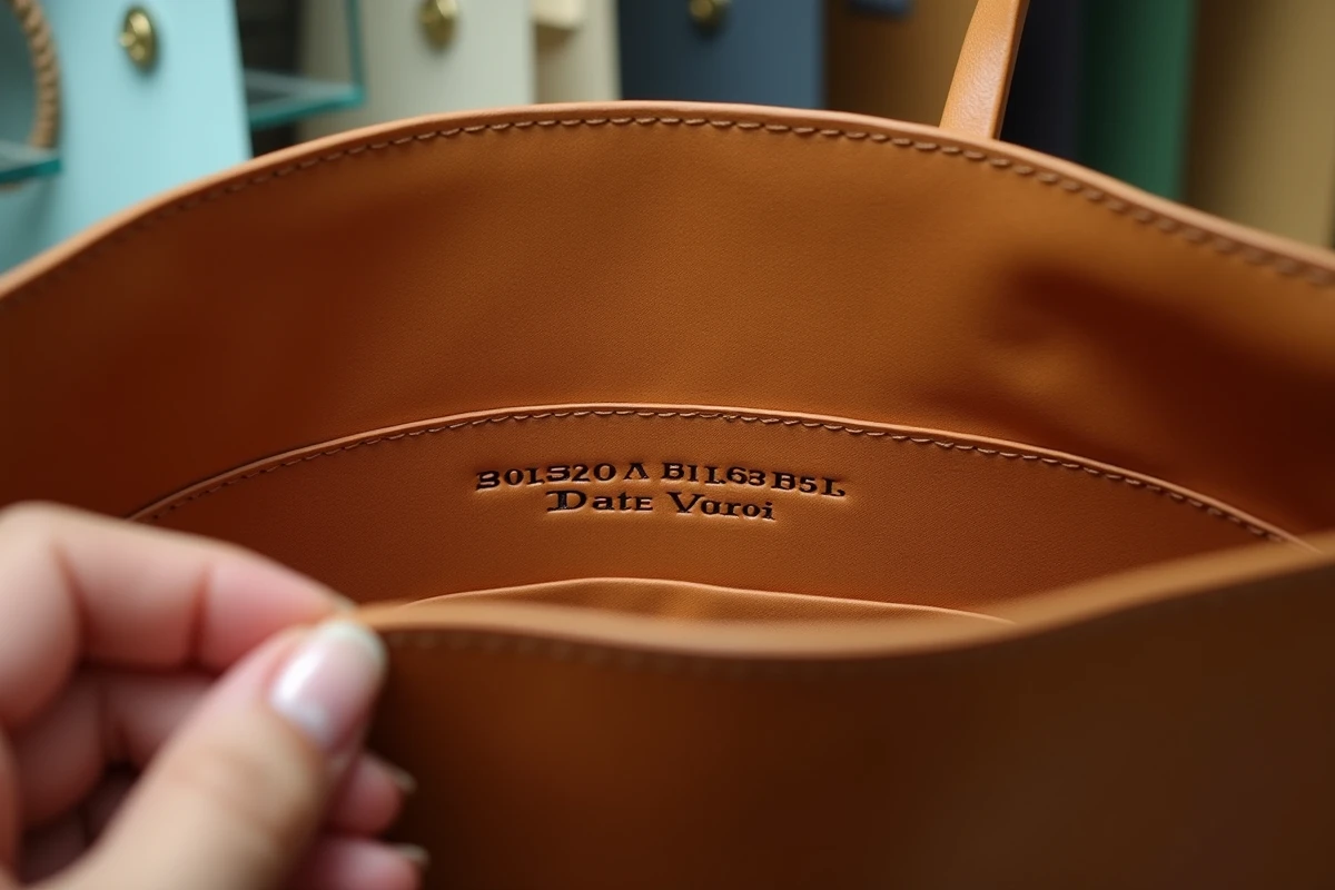 Gros plan sur le numéro de série et l'étiquette intérieure d'un sac Louis Vuitton pour vérifier son authenticité en inspectant le tampon date code et la qualité du cuir