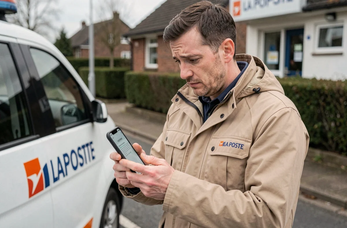 Facteur La Poste consultant MonEspaceHabillement sur smartphone avec un message d'erreur de connexion