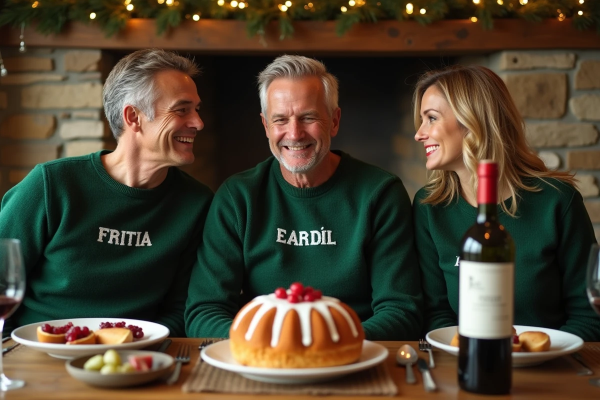 Famille française portant des pulls de Noël personnalisés assortis autour d'une table de réveillon avec une bûche de Noël
