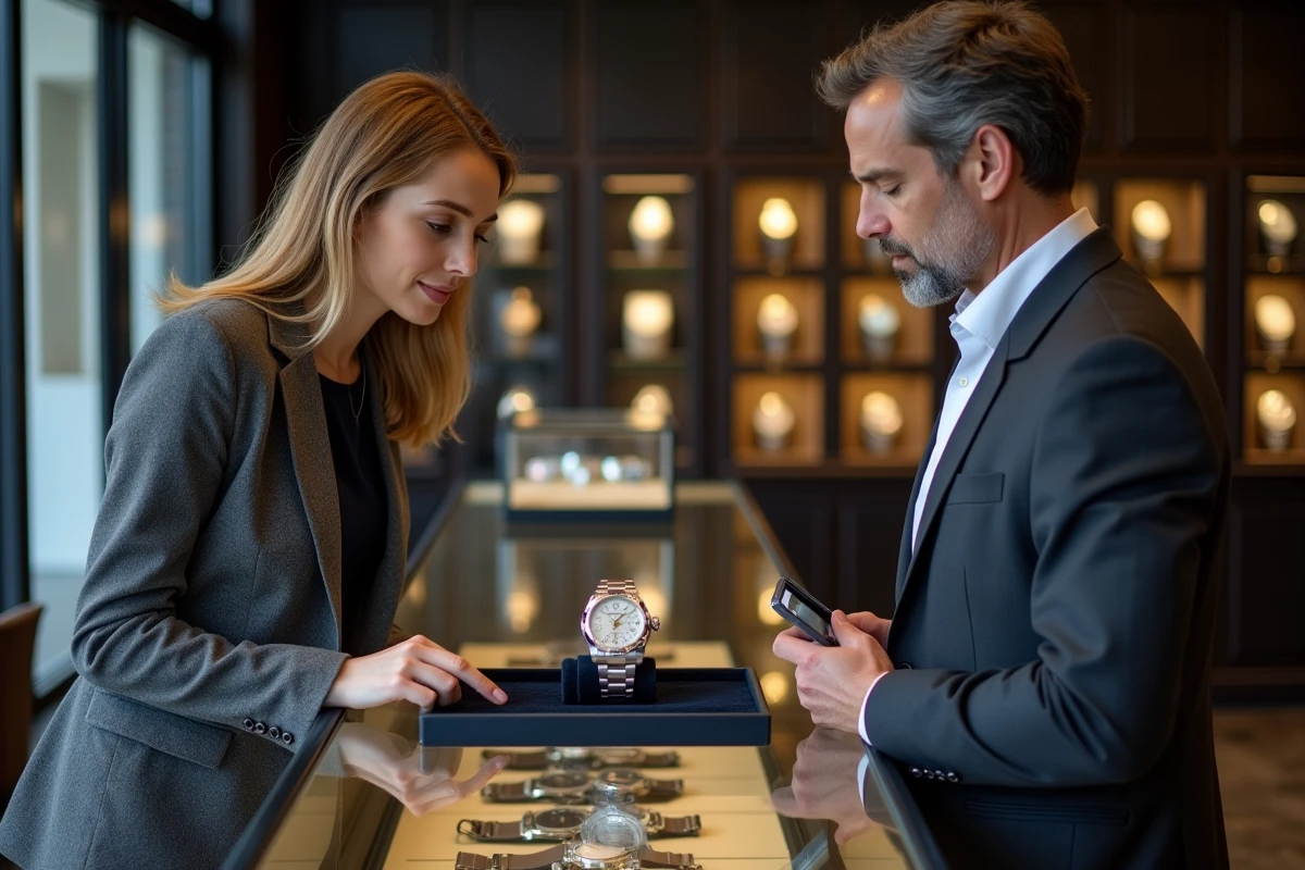 Femme discutant du prix d'une Rolex Datejust avec un vendeur dans une boutique de montres de luxe d'occasion