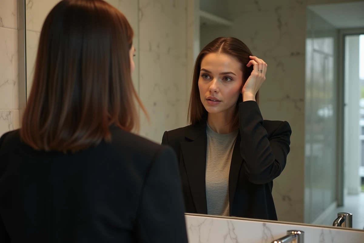 Femme se coiffant dans un miroir moderne et lumineux