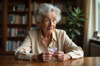 Femme âgée contemplant un diamant brillant dans un salon lumineux