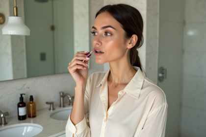 Femme appliquant du rouge à lèvres dans une salle de bain moderne