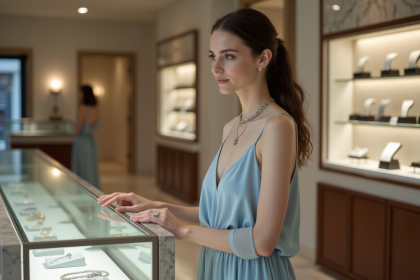 Femme élégante dans une bijouterie sophistiquée