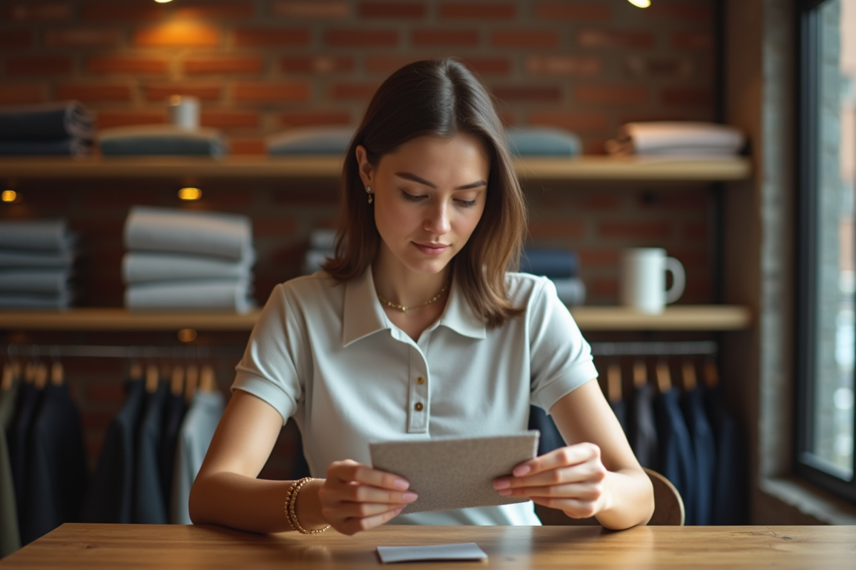 Femme assise au café examinant un échantillon de tissu