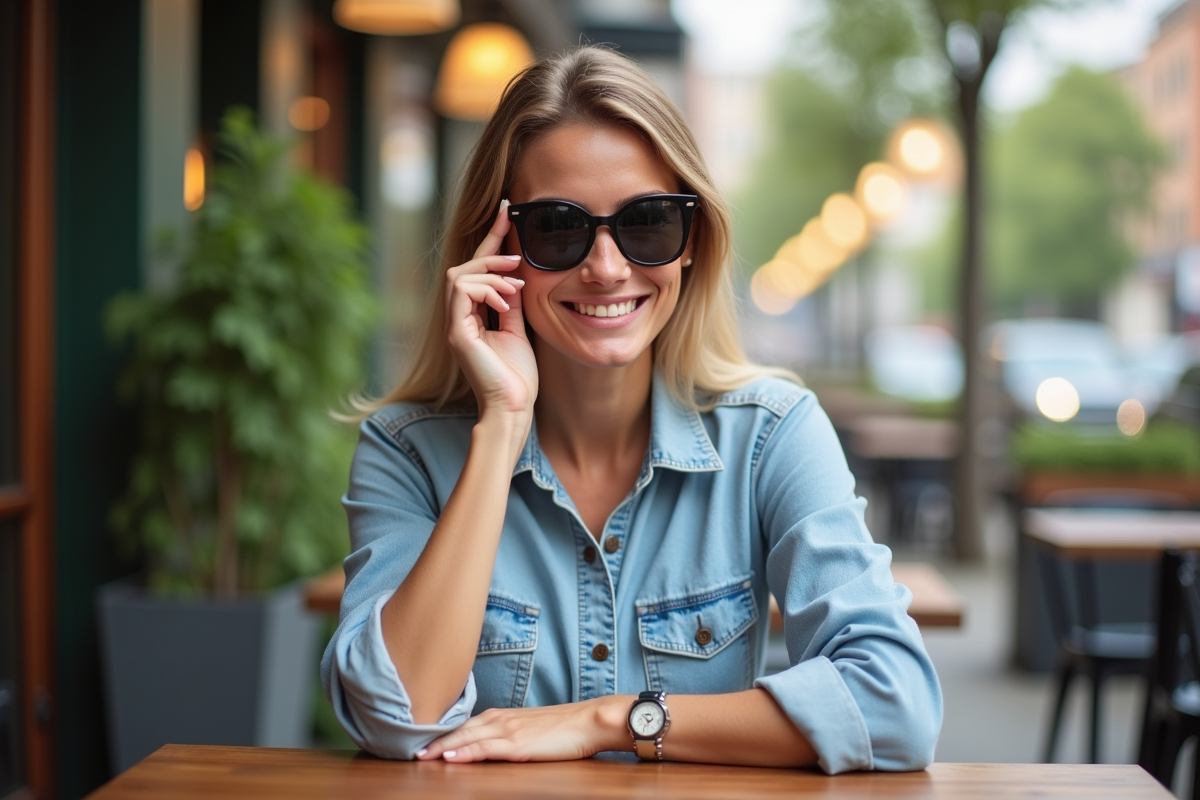 Femme en denim ajustant ses lunettes de soleil en extérieur