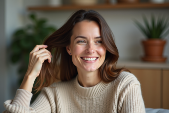 Femme aux cheveux bruns souriante dans un salon cosy