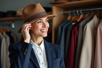 Femme élégante en blazer navy et chapeau feutre taupe
