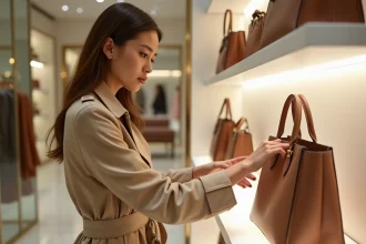 Femme élégante découvrant un sac de luxe dans une boutique haut de gamme LVMH aux étagères minimalistes