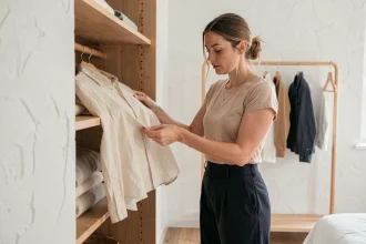 Femme organisant un dressing capsule minimaliste avec des vêtements responsables en lin sur des étagères en bois