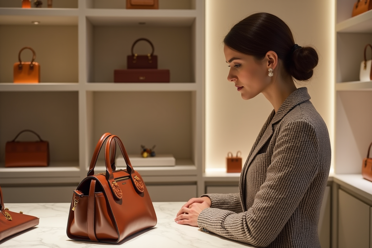 Femme élégante admirant un sac en cuir dans une boutique parisienne