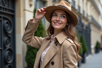 Femme élégante en trench beige et chapeau à Paris