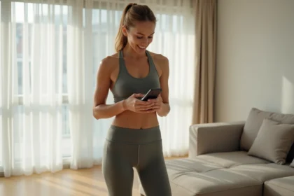 Femme essayant des vêtements de sport Halara dans son appartement et consultant son téléphone pour vérifier sa commande en ligne