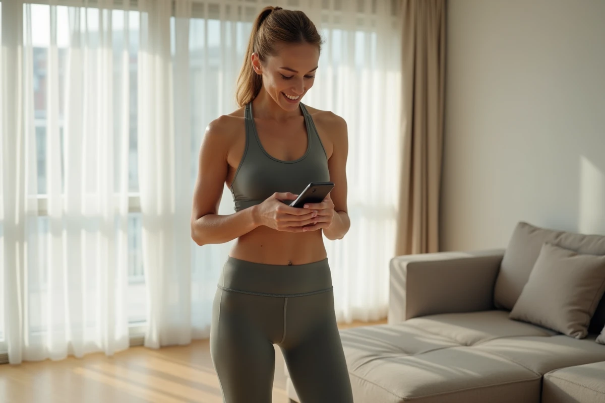 Femme essayant des vêtements de sport Halara dans son appartement et consultant son téléphone pour vérifier sa commande en ligne